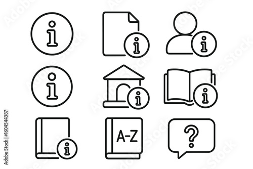 Information and help line icon set. For instruction, user guide, manual, reference book, and dictionary. Vector icons for support, FAQ, and info center in a linear style.