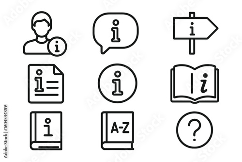 Information line icon set. Instruction, rule, and guide symbols. Info center, manual, and reference book icons. Dictionary, help, and FAQ outline pictograms vector.