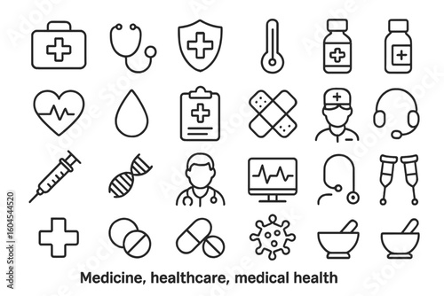 Medical line icon set. Healthcare and pharmacy thin outline pictograms. Doctor, hospital, clinic, emergency, science, and diagnostics vector symbols for web and app.