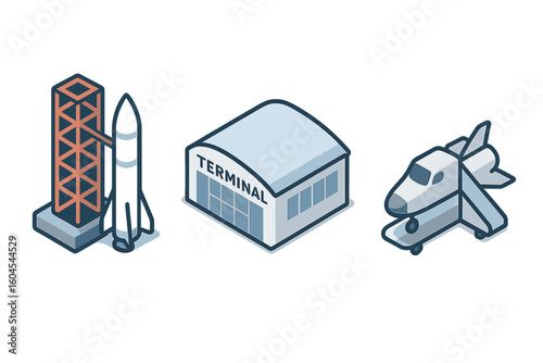 Spaceport icons. Isometric space facilities set. Rocket launch tower, passenger terminal, space shuttle vector. Future travel and tourism concept. Space exploration flat design.