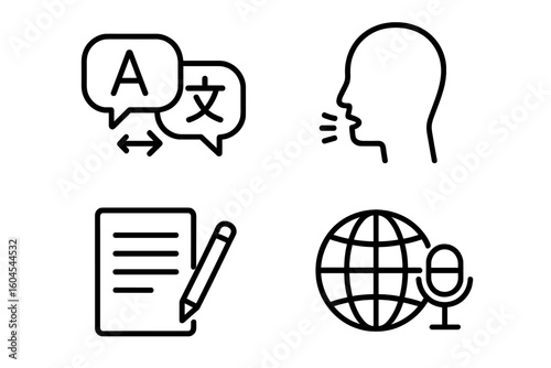 Language and translation line icon set. Speech, writing, and global communication symbols. Linguistics, translator, and voice podcast concepts for web and mobile UI.