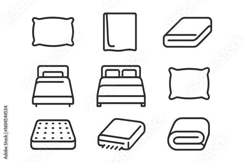Linens and bedding outline icon set. Includes pillowcase, duvet, sheet, single and double bed, mattress, blanket. Hotel and home textile symbols. Editable stroke vector.