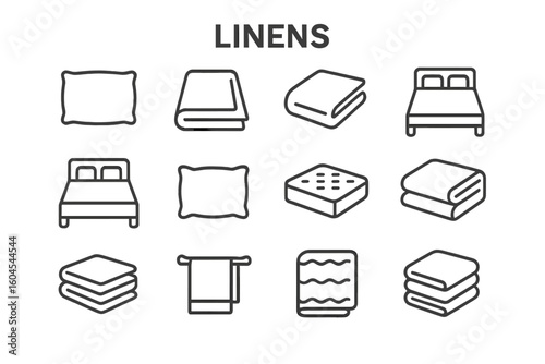 Bedding and linens outline icon set. Vector symbols of pillow, duvet, sheet, bed, mattress, blanket, towel. Home textile, bedroom and hotel comfort concept icons.