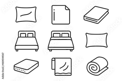 Bed linen and bedding line icon set. Vector symbols of pillow, pillowcase, duvet cover, sheet, and mattress. Outline icons for single and double beds, blanket, and home textile.