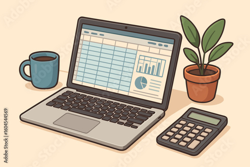 Laptop with spreadsheet software for accounting and financial analysis. Isometric vector of a cozy home office workspace with calculator and coffee cup. Business concept.