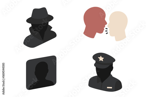 Secret police and informant icon set. Isometric vector illustration of spy, detective, and undercover agent. Concepts for espionage, surveillance, gossip, and anonymity.