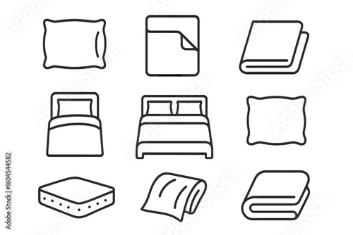 Bed linens and home textile line icon set. Vector symbols for bedroom comfort and furniture. Includes pillowcase, duvet cover, sheet, mattress, blanket, single and double bed.