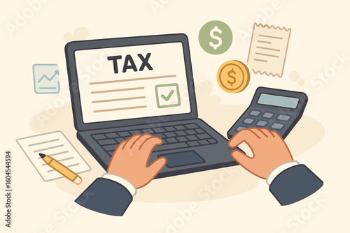 Online tax filing and payment concept with hands calculating income taxes on laptop computer, calculator and documents on office desk, finance and business accounting illustration