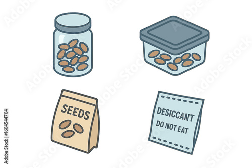 Seed storage icon set for gardening and preservation. Isometric vector illustration of seed saving with glass jar, airtight container, seed packet, and desiccant pouch.