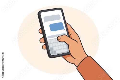 Hand holding smartphone sending text messages with blank chat bubbles, cartoon vector illustration of mobile phone screen, communication concept, isolated on light background