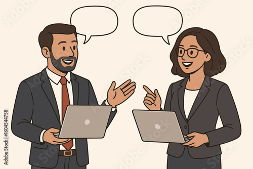Business communication teamwork concept illustration. Smiling businessman and businesswoman in suits holding laptops, talking and collaborating with blank speech bubbles in office.