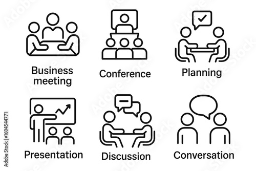 Meeting line icon set. Business conference, planning, and presentation. Team discussion, conversation, and collaboration. Outline vector pictogram for office communication.