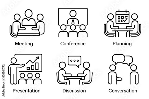 Business meeting and conference line icon set with pictograms for planning, presentation, teamwork, discussion, and conversation. Outline vector icons for office collaboration.