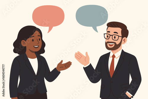 Corporate communication concept with diverse business professionals. Cartoon vector illustration of male and female colleagues in suits having conversation with speech bubbles