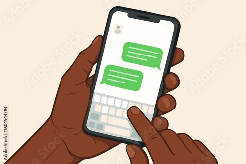 Black hands holding a smartphone and sending a text message. Person using a mobile phone for chatting on a social media app. Online communication vector concept.