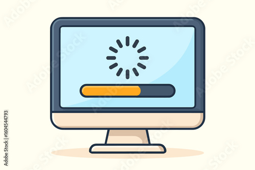 Computer software update progress concept. Desktop PC monitor with loading wheel and progress bar, system upgrade in process, wait screen, cartoon vector illustration