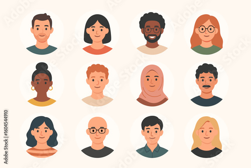 Multicultural male and female avatar bundle — diverse cartoon profile pictures of men and women in various ethnicities, hairstyles, clothes and accessories, flat vector user icons collection