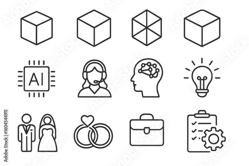 Universal line icon set for business, technology and life events. AI, support, idea, wedding, management pictograms. Cube, block, geometric shape, product model symbols.