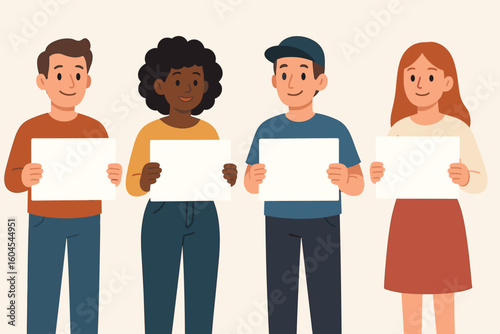 Diverse cartoon people holding blank placards for message, four characters standing together with empty posters, copy space mockup for advertising, protest, announcement concepts