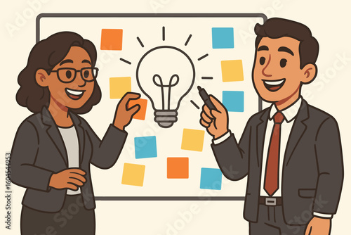 Business people collaboration, teamwork concept. Brainstorming session with sticky notes on whiteboard. Man and woman generating creative ideas. Innovation, strategy.