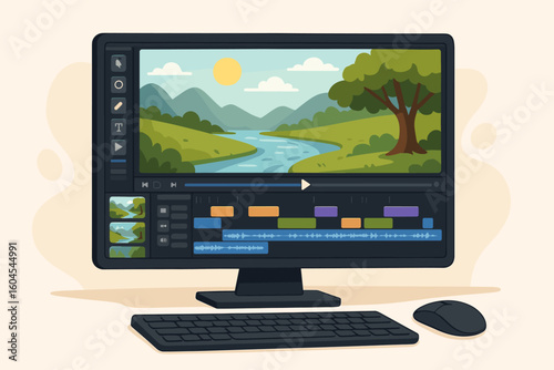 Video editing desktop workstation with monitor showing nature footage timeline, modern post-production software interface, flat vector illustration of multimedia film editing concept