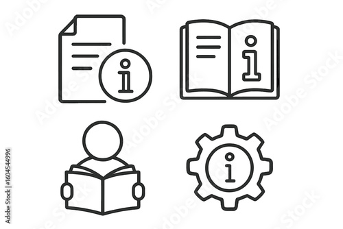 Information icon set. User manual, guide, and support icons. Vector line icons for help, faq, and instructions. Technical documentation and settings symbol collection.