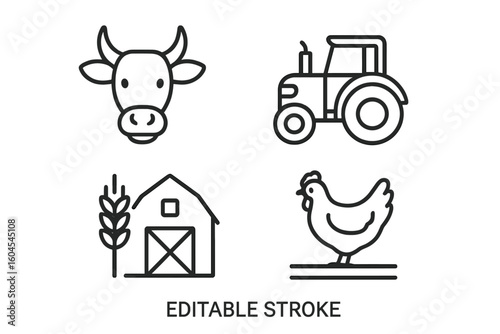 Farming and agriculture line icon set. Editable stroke vector icons for infographic. Includes cow, chicken, tractor, barn, wheat. Animal husbandry, livestock and crop symbol.