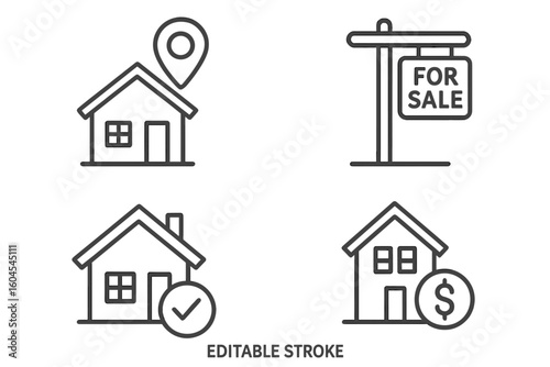 Real estate line icon set. House for sale sign, home location with map pin, property value with dollar symbol, and approved building checkmark. Editable stroke vector icons.