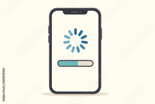 Smartphone system update process with loading bar and wheel icon. Mobile phone screen showing software installation or download. Vector concept of upgrading, waiting, and data transfer.