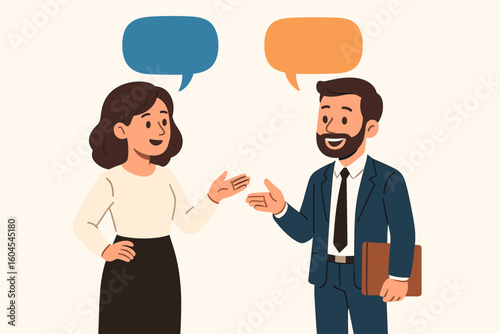 Business conversation between female employee and male colleague in office, teamwork communication discussion, speech bubbles, vector cartoon illustration on light background
