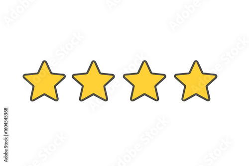 Four star rating vector icon for customer review. Quality feedback and product assessment concept. Yellow stars for satisfaction level, classification and rank sign.