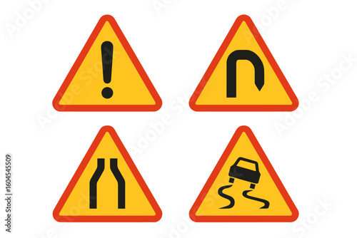 Road warning signs vector set. Traffic safety symbols, danger icons. Slippery road, narrow lane, hairpin curve and attention exclamation mark. Isolated illustration.