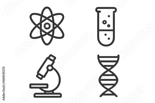 Science research outline icon set. Atom for physics, test tube for chemistry, microscope for lab analysis, DNA for genetics. Vector linear symbols with editable stroke.