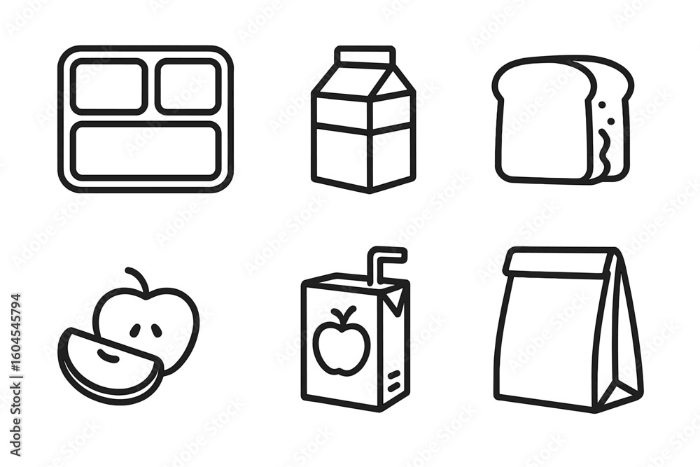 custom made wallpaper toronto digitalSchool lunch icon set with outline style. Vector graphics of cafeteria food, tray, milk carton, sandwich, apple, juice box, and paper bag for nutrition concepts.