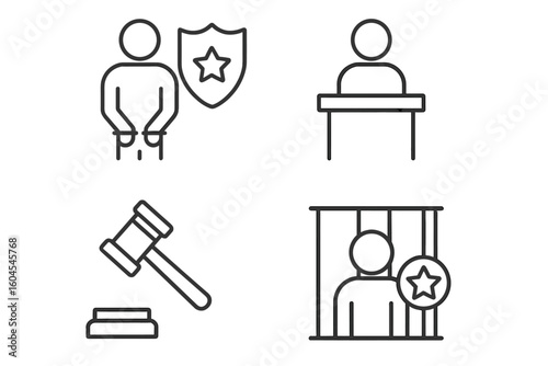Law and justice line icon set. Legal system, crime and punishment symbols. Includes arrest, court trial, judge gavel, and prison sentence. Vector outline pictogram.