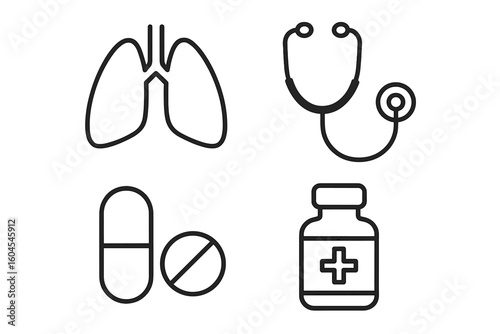 Medical and healthcare line icon set. Vector collection of thin line symbols. Lungs, stethoscope, pills, and medicine bottle. Pharmacy and therapy concept illustration.