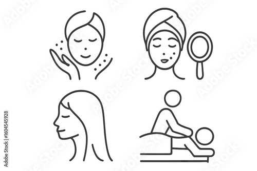 Set of 4 Linear Line Icons for Spa Salon and Beauty Care, Skin Face Hair Body Treatment Outline Vector Collection, Pictogram Infographics for Wellness and Personal Care