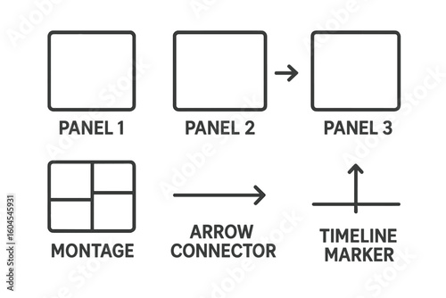 Sequential art icon set for comic and storyboard creation. Vector outline elements including panel, montage, arrow connector, and timeline marker for storytelling or process.