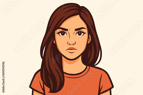 Vector illustration of a young woman's face with a serious expression. Cartoon portrait of a female character with long brown hair. Concept of anger, disapproval, or focus.