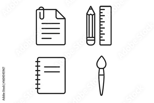 Stationery line icon collection. Office supplies and school products for documentation, study, art and creativity. Set of 4 outline pictograms. Vector illustration.