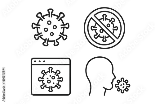 Virus and coronavirus line icon set. Concepts of infection, transmission, prevention, and online research. Health and medical pictograms for pandemic or disease. Stop virus sign.