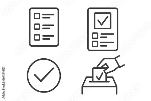 Survey and voting linear icon set. Poll and questionnaire symbols. Election ballot box, checklist, and checkmark. User feedback and opinion vector pictogram collection.