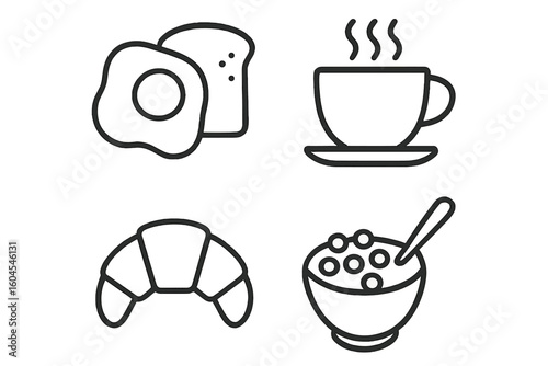 Breakfast food line icon set with egg, toast, coffee, croissant, cereal. Minimal linear style pictogram collection. Morning meal, cafe menu vector graphic elements.