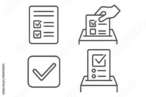 Survey and election line icon set. Voting, poll, and questionnaire conceptual pictograms. Hand putting ballot in box. Checkmark and checklist outline symbols.