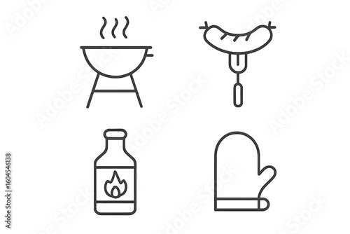 Barbecue and grill icon set. BBQ party concept. Vector linear icons for web and apps. Includes sausage on fork, hot sauce, oven mitt, and charcoal grill. Editable.