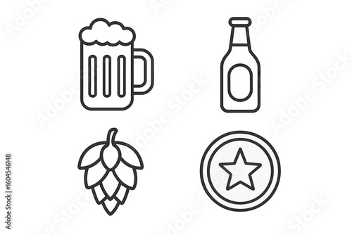 Beer icon set in thin line style. Vector symbols of craft beer, ale, lager, pub, bar, brewery. Includes beer mug, glass bottle, hops cone and coaster. Editable outline.