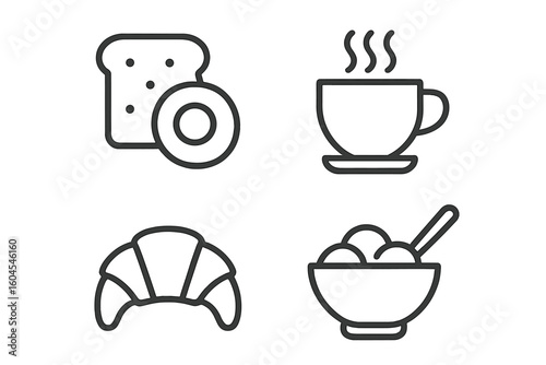 Breakfast line icon set. Morning food and drinks linear style icons. Vector collection of coffee, croissant, toast, and cereal pictograms for web and infographics.