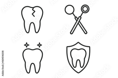 Dental care and stomatology line icon set. Vector symbols for dentistry, including broken tooth, healthy shiny tooth, dentist tools, and tooth protection shield.