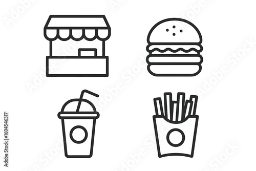 Fast food line icon set. Hamburger, french fries and soda drink icons. Food court, street food stall or kiosk symbol. Unhealthy junk food meal concept pictogram.