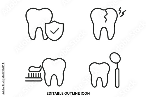 Dental care line icon set. Dentistry, oral hygiene, tooth protection, toothache, brushing, check-up concepts. Vector editable outline icons for web and apps.